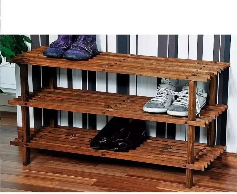 Kesper FSC Dennenhouten Schoenenrek 3 Verdiepingen voor 9 Paar Schoenen Schoenenkast Schoenen Rek Afm. 77 x 40 x 26 Cm. Donker Dennenbruin