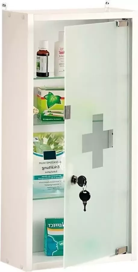 Kesper FSC Medicijnkastje met Slot Medicijnkastje met Sleutel slot en Magneet Slot Medicijn kastje Afm. 28 x 57 x 12 Cm. WIT