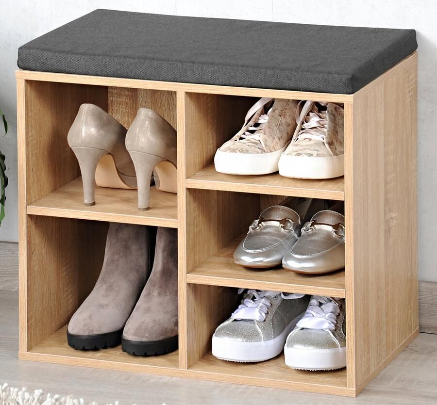 Kesper Bruine houtlook schoenenkast schoenenrek bankje 29 x 48 x 51 cm met zitkussen Schoenen opbergers opbergen Schoenenkasten schoenenrekken Camping gang kasten rekken