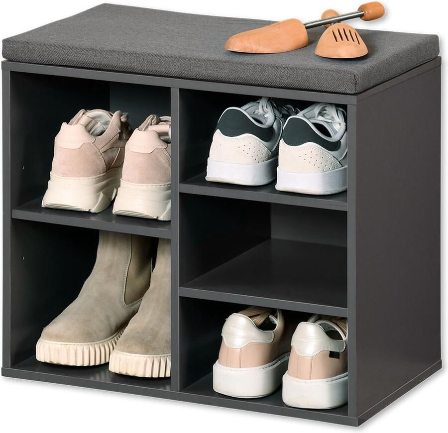 Kesper Schoenenrek schoenenkast met zitvlak donkergrijs 5 paar schoenen hout L51 x B30 x H48 cm vakjeskast - Foto 1