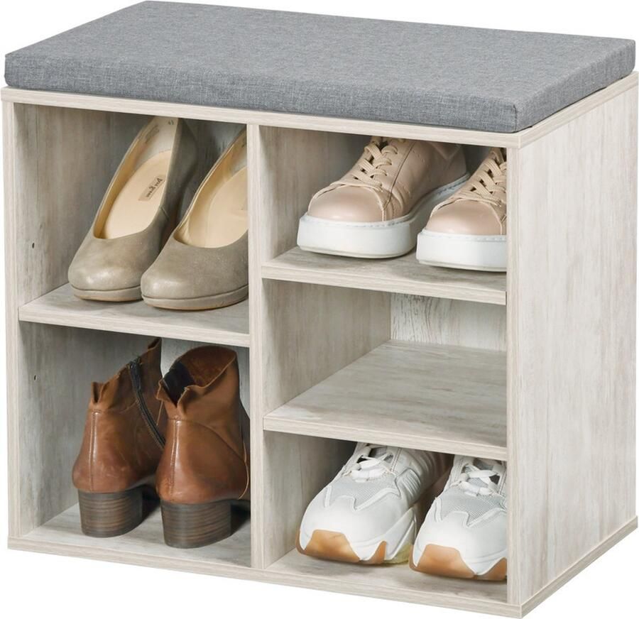 Kesper Schoenenrek schoenenkast met zitvlak whitewash 5 paar schoenen hout L51 x B30 x H48 cm vakjeskast
