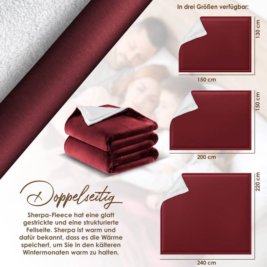 Kesser Fleece deken Flannel Plaid Sherpa Knuffeldeken Snuggie Deken voor op de bank Bordeux Rood L (130 cm x 150 cm)