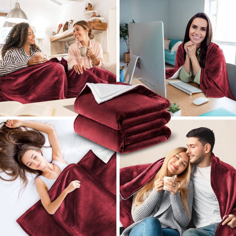 Kesser Fleece deken Flannel Plaid Sherpa Knuffeldeken Snuggie Deken voor op de bank Bordeux Rood XXL (220 cm x 240 cm) - Foto 1