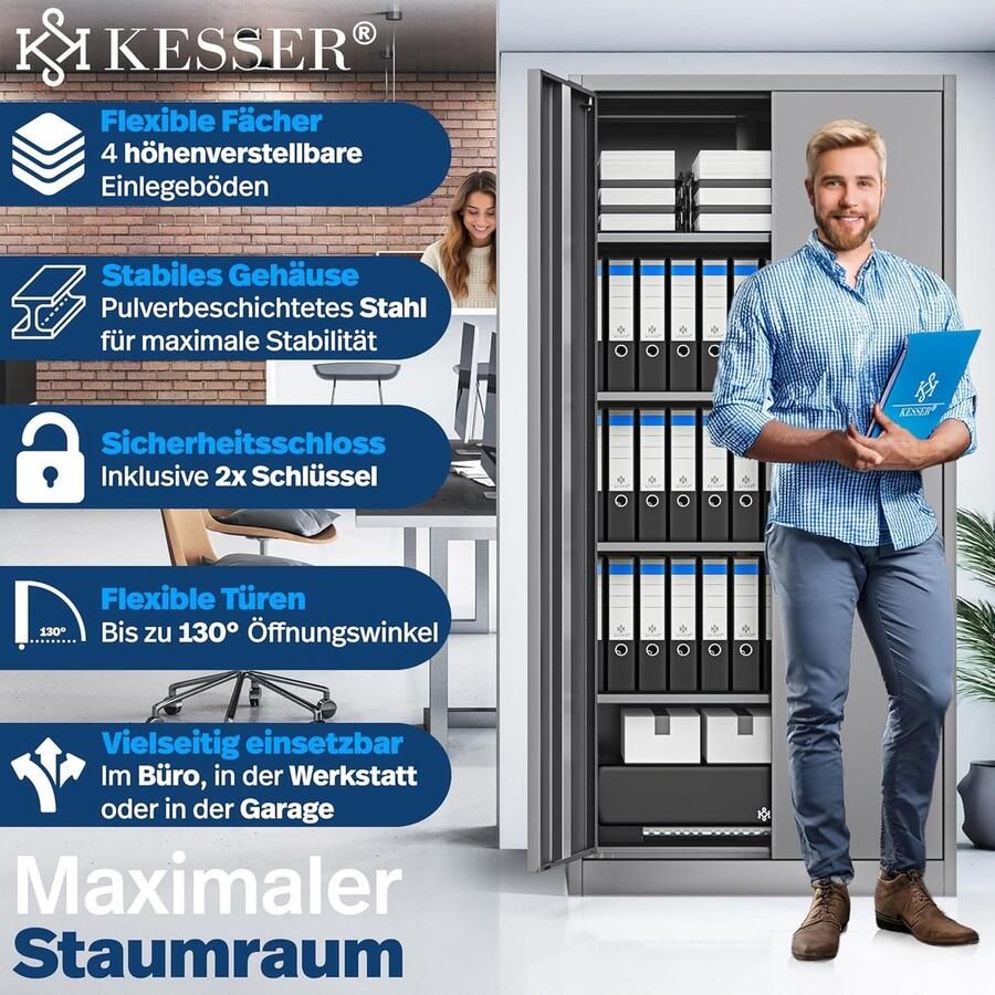 KESSER afsluitbare archiefkast met dubbele deuren 180 x 60 x 40 cm Stalen kantoorkast met 4 in hoogte verstelbare planken Multifunctionele kast 5 flexibele compartimenten Max. 40 kg per compartiment