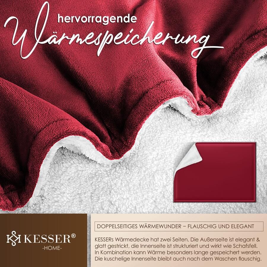 Kesser Fleece deken Flannel Plaid Sherpa Knuffeldeken Snuggie Deken voor op de bank Bordeux Rood L (130 cm x 150 cm) - Foto 3