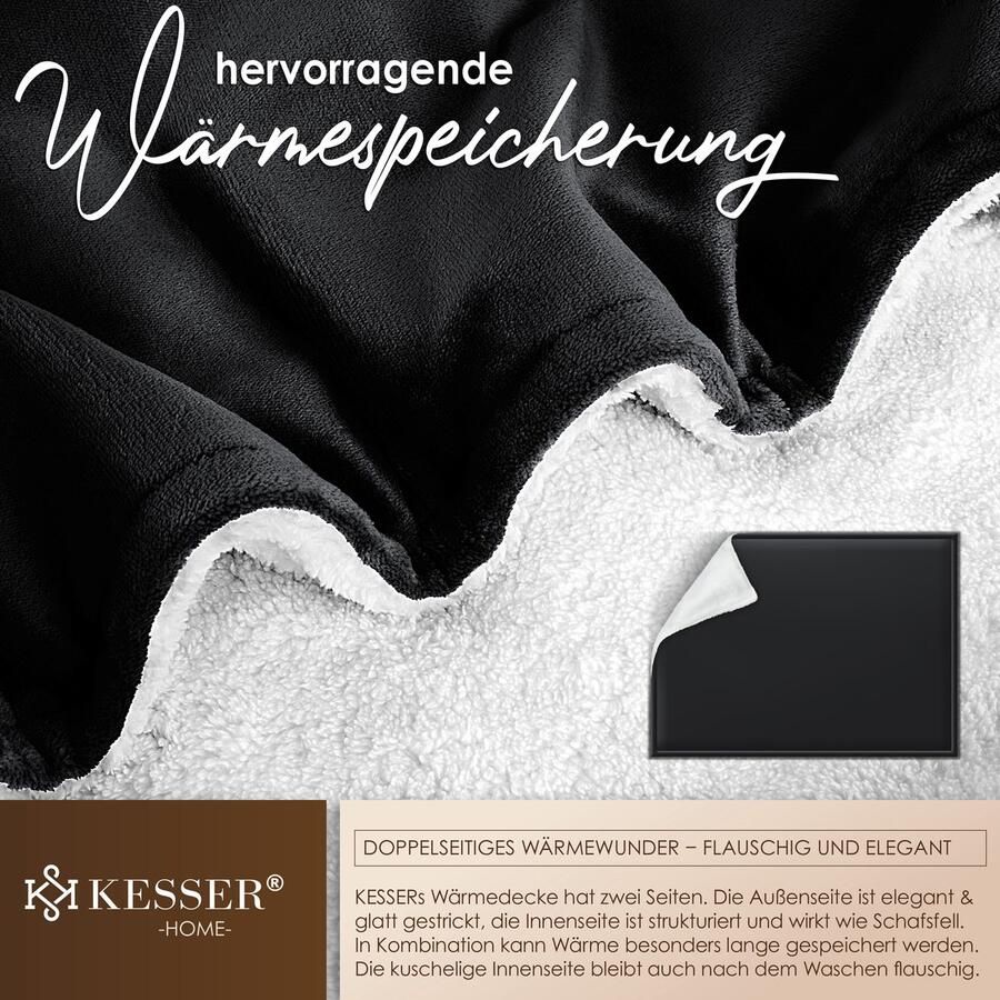 Kesser Fleece deken Flannel Plaid Sherpa Knuffeldeken Snuggie Deken voor op de bank Zwart L (130 cm x 150 cm) - Foto 3
