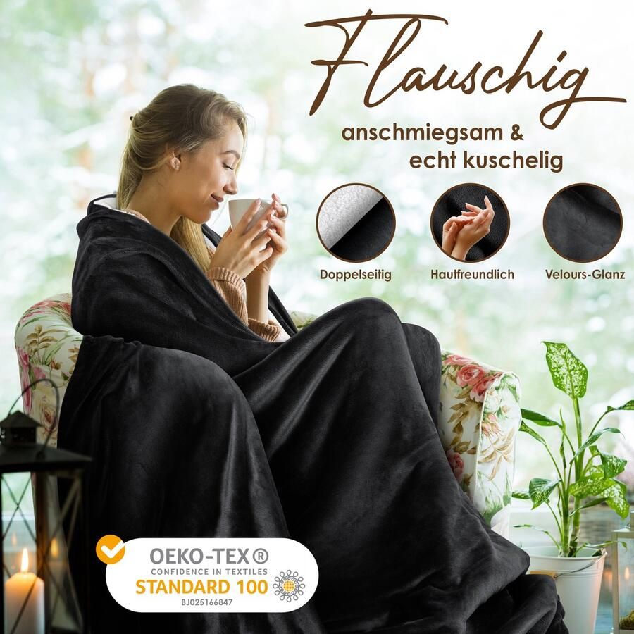 Kesser Fleece deken Flannel Plaid Sherpa Knuffeldeken Snuggie Deken voor op de bank Zwart XXL (220 cm x 240 cm) - Foto 5