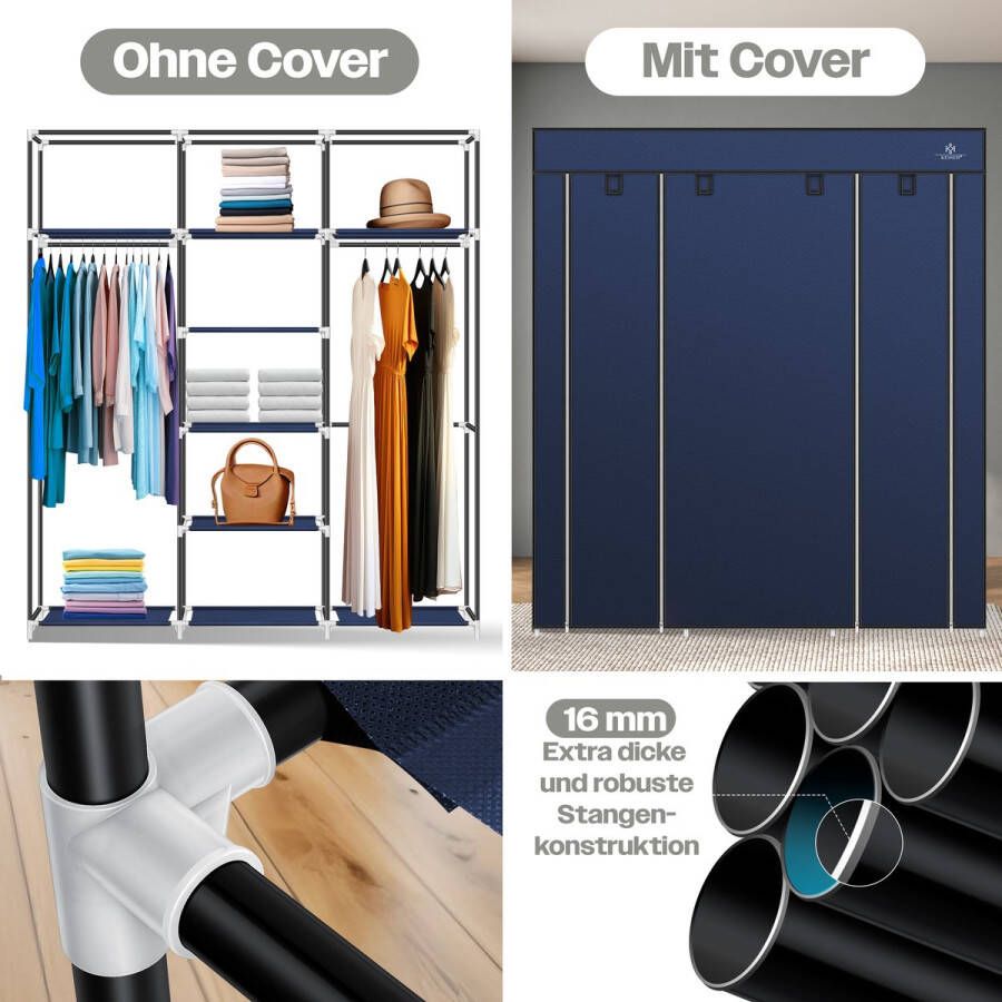 Kesser Kledingkast in Stof en Metaal 150x45x175cm opvouwbaare Garderobekast Stabiel met Kledingstang & Planken Inclusief 5x Kledinghangers Kleerkast Legplank Kast voor Slaapkamer met Kledingrek Marineblauw - Foto 2