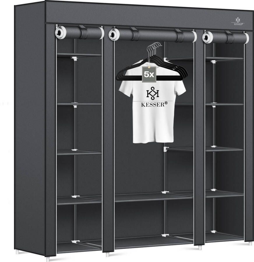 Kesser Kledingkast in Stof en Metaal opvouwbaare Garderobekast Stabiel met Kledingstang & Planken Inclusief 5x Kledinghangers Kleerkast Kast voor Slaapkamer met Kledingrek 150x45x175cm Antraciet