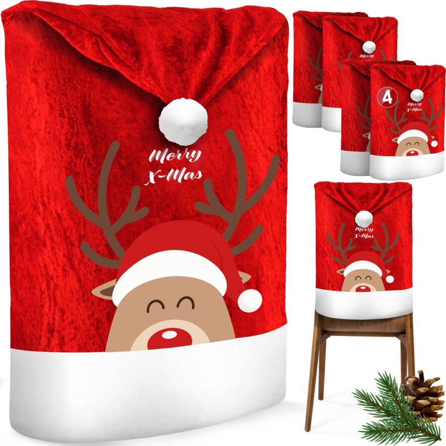 Kesser Stoelhoes voor Kerst Premium Hoes voor eetkamer stoelen Kerstdecoratie Stoelbekleding vor Kerstmis en Feestelijke Kerstmuts Kerstversiering Rood-Wit Rendier Set van 4