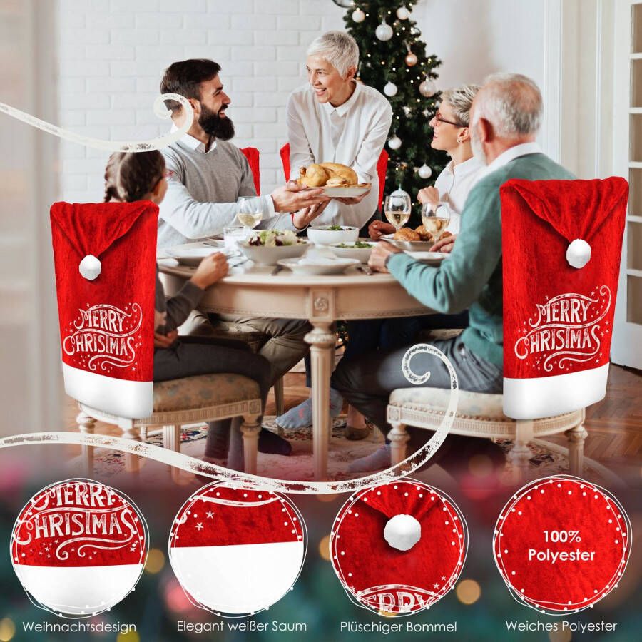 Kesser Stoelhoes voor Kerst Premium Hoes voor eetkamer stoelen Kerstdecoratie Stoelbekleding vor Kerstmis en Feestelijke Kerstmuts Kerstversiering Rood-Wit Merry Christmas Set van 8 - Foto 3