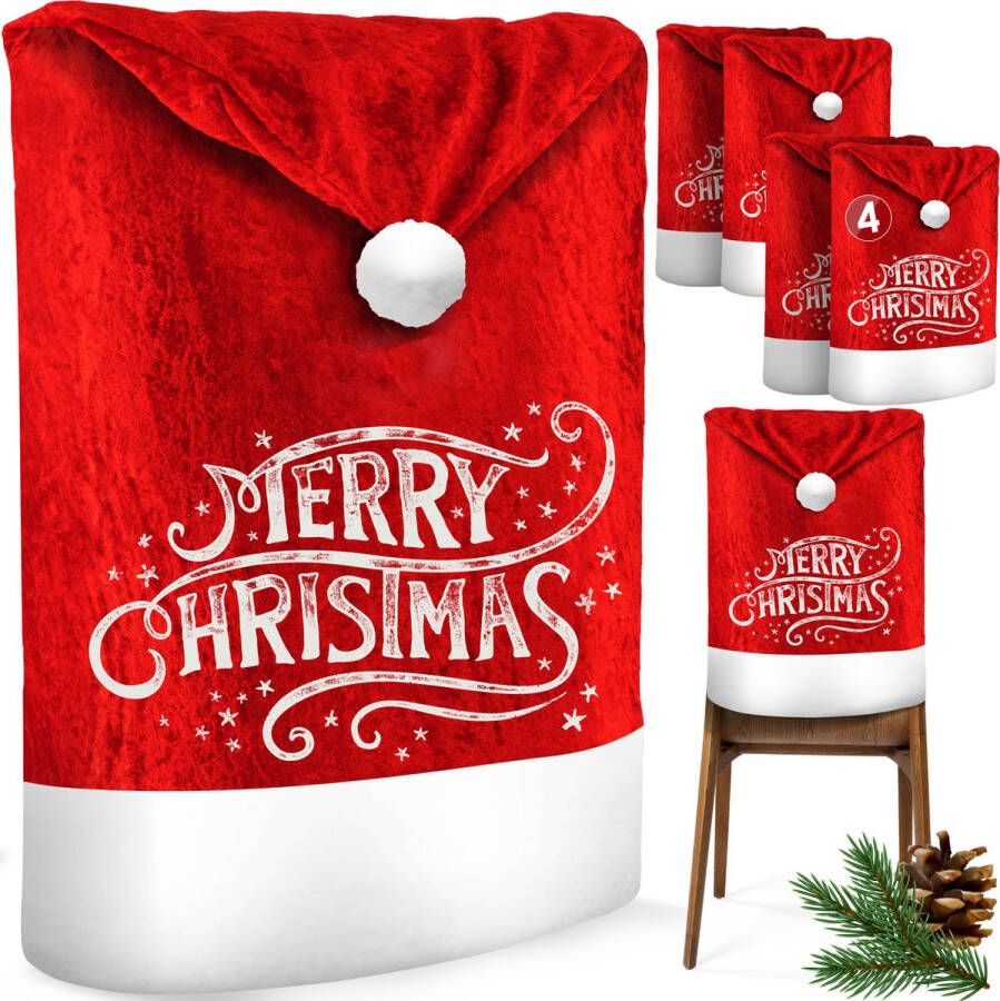 Kesser Stoelhoes voor Kerst Premium Hoes voor eetkamer stoelen Kerstdecoratie Stoelbekleding vor Kerstmis en Feestelijke Kerstmuts Kerstversiering Rood-Wit Merry Christmas Set van 4