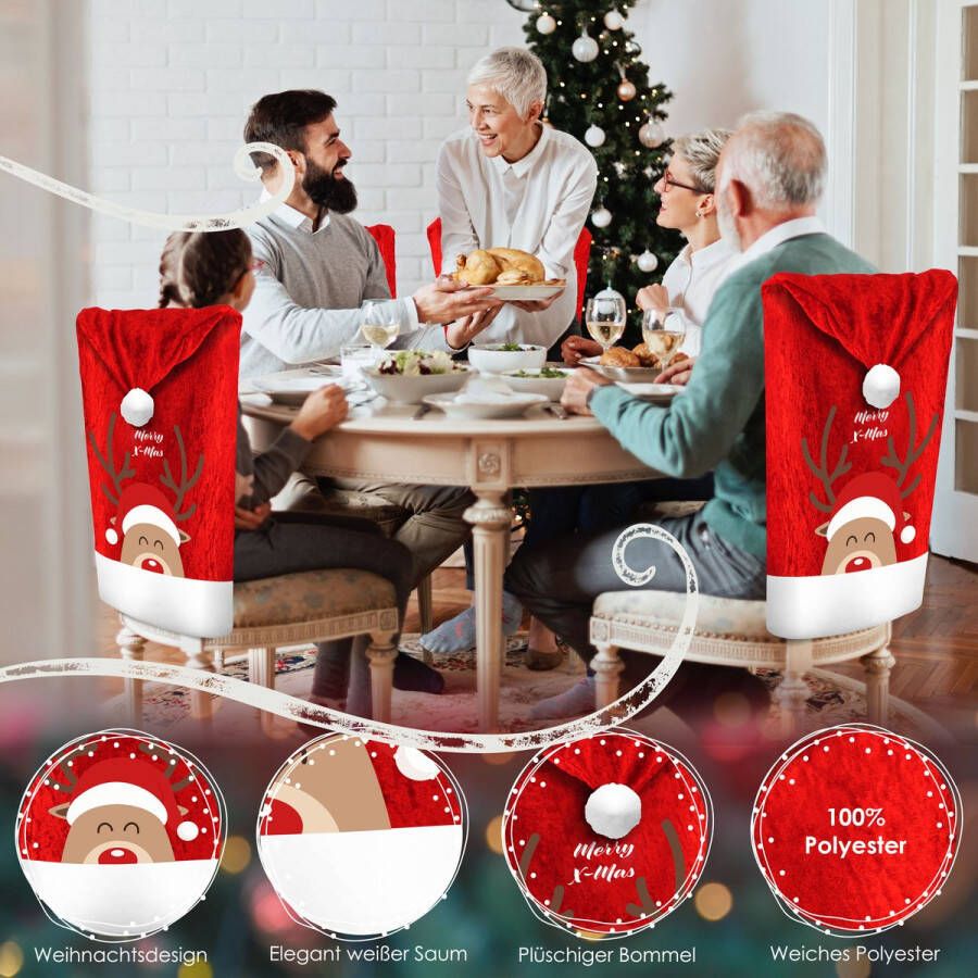 Kesser Stoelhoes voor Kerst Premium Hoes voor eetkamer stoelen Kerstdecoratie Stoelbekleding vor Kerstmis en Feestelijke Kerstmuts Kerstversiering Rood-Wit Rendier Set van 2