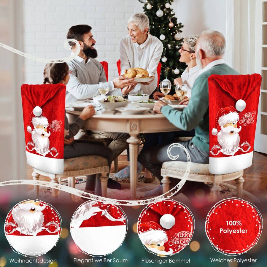 Kesser Stoelhoes voor Kerst Premium Hoes voor eetkamer stoelen Kerstdecoratie Stoelbekleding vor Kerstmis en Feestelijke Kerstmuts Kerstversiering Rood-Wit Kerstman Set van 6