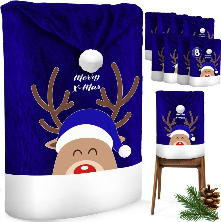Kesser Stoelhoes voor Kerst Premium Hoes voor eetkamer stoelen Kerstdecoratie Stoelbekleding vor Kerstmis en Feestelijke Kerstversiering Blauw-Wit Rendier Set van 8