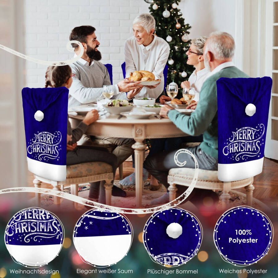 Kesser Stoelhoes voor Kerst Premium Hoes voor eetkamer stoelen Kerstdecoratie Stoelbekleding vor Kerstmis en Feestelijke Kerstversiering Blauw-Wit Merry Christmas Set van 8