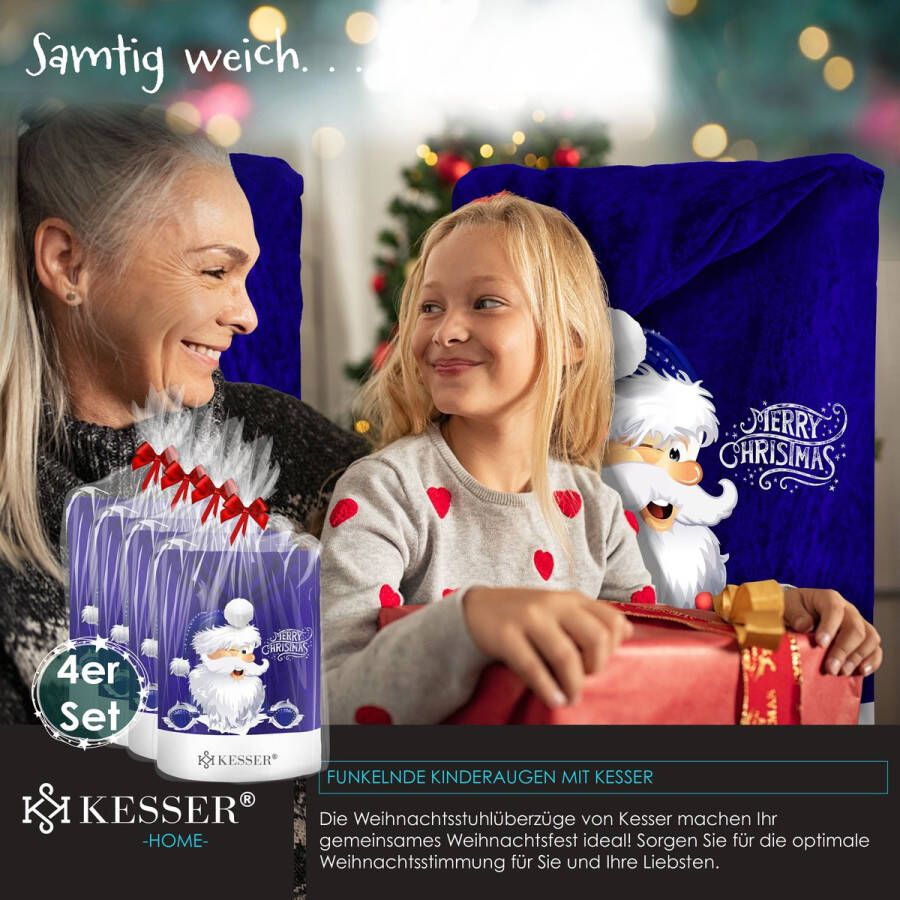 Kesser Stoelhoes voor Kerst Premium Hoes voor eetkamer stoelen Kerstdecoratie Stoelbekleding vor Kerstmis en Feestelijke Kerstversiering Blauw-Wit De Kerstman Set van 4