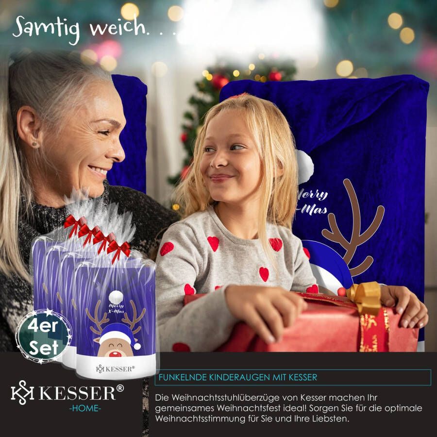 Kesser Stoelhoes voor Kerst Premium Hoes voor eetkamer stoelen Kerstdecoratie Stoelbekleding vor Kerstmis en Feestelijke Kerstversiering Blauw-Wit Rendier Set van 4
