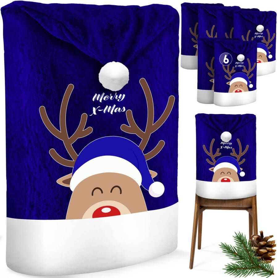 Kesser Stoelhoes voor Kerst Premium Hoes voor eetkamer stoelen Kerstdecoratie Stoelbekleding vor Kerstmis en Feestelijke Kerstversiering Blauw-Wit Rendier Set van 6 - Foto 3