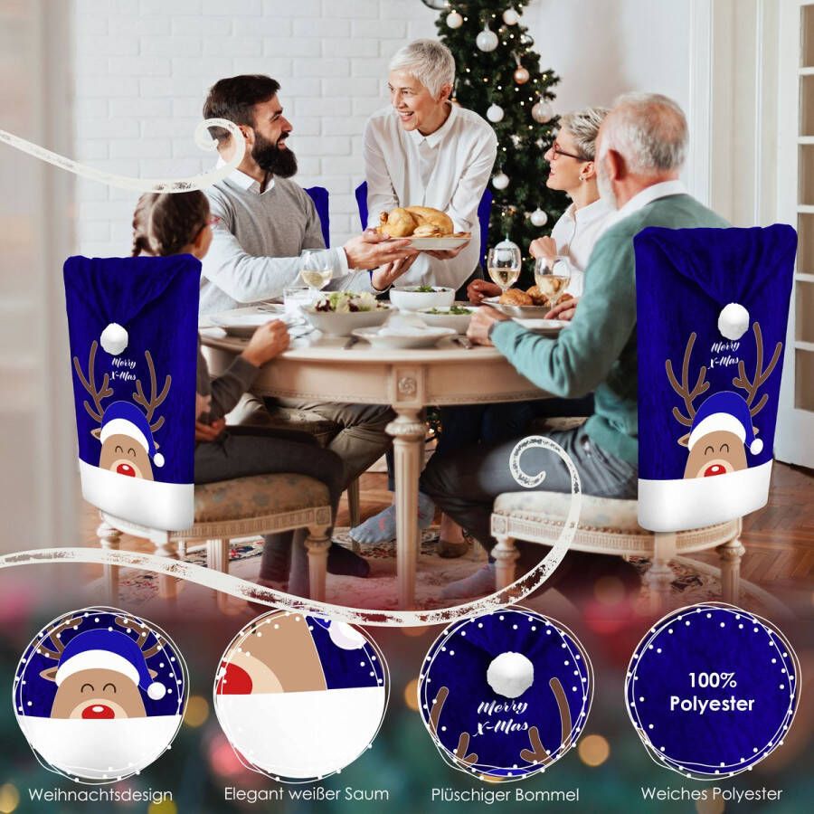 Kesser Stoelhoes voor Kerst Premium Hoes voor eetkamer stoelen Kerstdecoratie Stoelbekleding vor Kerstmis en Feestelijke Kerstversiering Blauw-Wit Rendier Set van 6