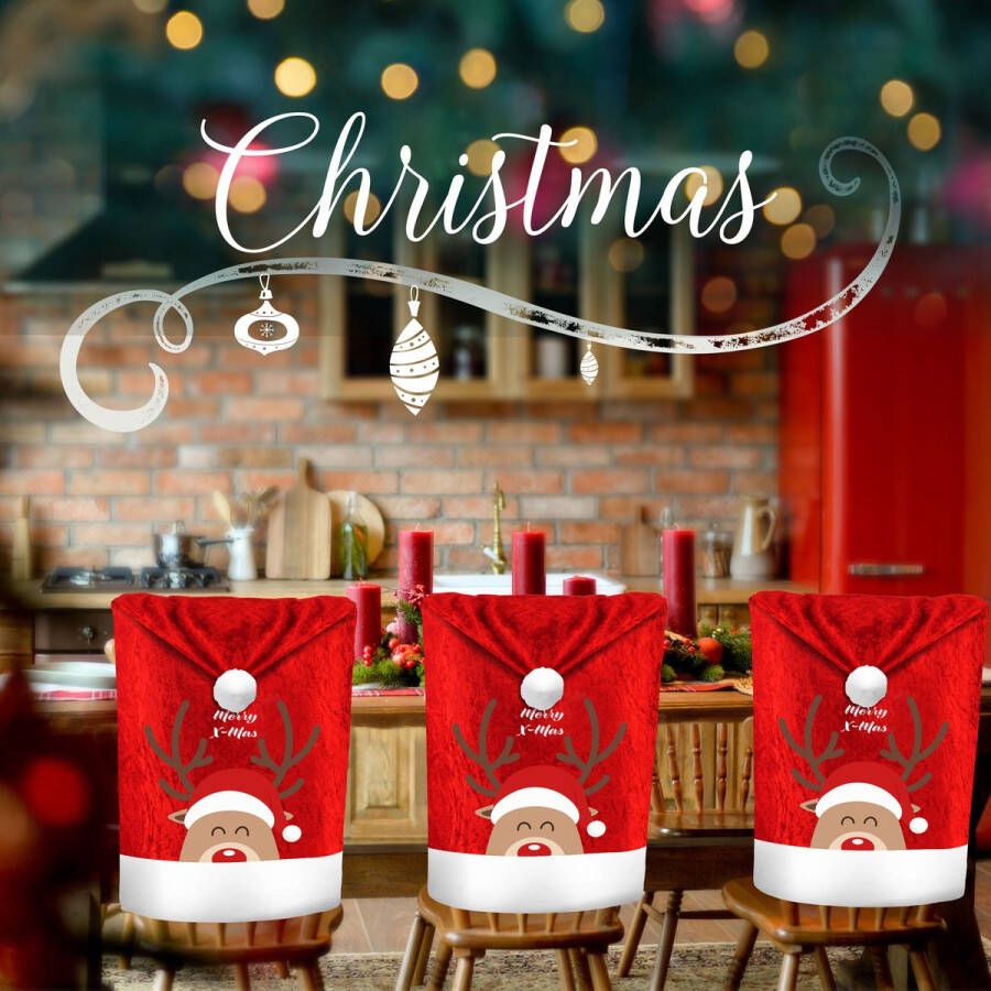 Kesser Stoelhoes voor Kerst Premium Hoes voor eetkamer stoelen Kerstdecoratie Stoelbekleding vor Kerstmis en Feestelijke Kerstmuts Kerstversiering Rood-Wit Rendier Set van 6 - Foto 1