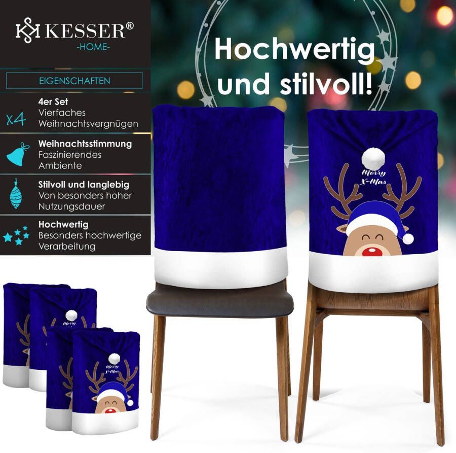 Kesser Stoelhoes voor Kerst Premium Hoes voor eetkamer stoelen Kerstdecoratie Stoelbekleding vor Kerstmis en Feestelijke Kerstversiering Blauw-Wit Rendier Set van 4