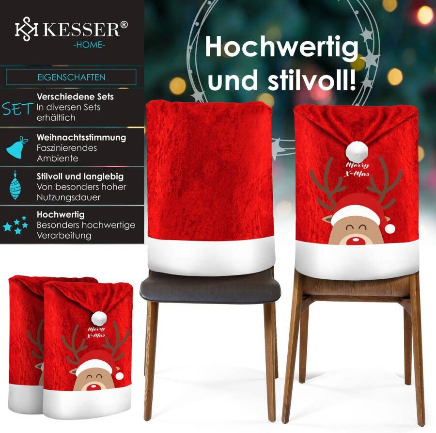 Kesser Stoelhoes voor Kerst Premium Hoes voor eetkamer stoelen Kerstdecoratie Stoelbekleding vor Kerstmis en Feestelijke Kerstmuts Kerstversiering Rood-Wit Rendier Set van 4