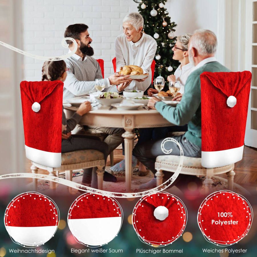 Kesser Stoelhoes voor Kerst Premium Hoes voor eetkamer stoelen Kerstdecoratie Stoelbekleding vor Kerstmis en Feestelijke Kerstversiering Rood-Wit Kerstmuts Set van 4