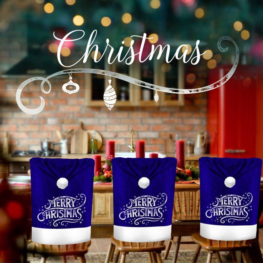 Kesser Stoelhoes voor Kerst Premium Hoes voor eetkamer stoelen Kerstdecoratie Stoelbekleding vor Kerstmis en Feestelijke Kerstversiering Blauw-Wit Merry Christmas Set van 8 - Foto 1