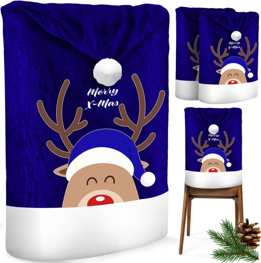 Kesser Stoelhoes voor Kerst Premium Hoes voor eetkamer stoelen Kerstdecoratie Stoelbekleding vor Kerstmis en Feestelijke Kerstversiering Blauw-Wit Rendier Set van 4 - Foto 1