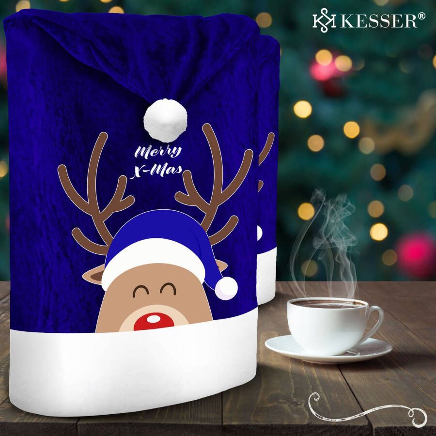 Kesser Stoelhoes voor Kerst Premium Hoes voor eetkamer stoelen Kerstdecoratie Stoelbekleding vor Kerstmis en Feestelijke Kerstversiering Blauw-Wit Rendier Set van 6 - Foto 2