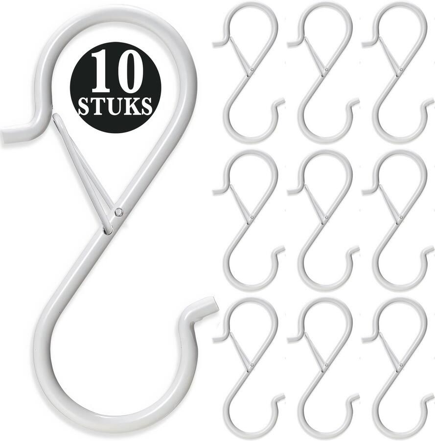 KeyAmor 10 Stuks Wit Metaal S Haken met Veiligheidssluiting 10cm Lengte Ophanghaken Haakjes voor Keuken Badkamer & Tuin Kledinghangers Jashaak Hangers Handdoekhaakjes Keukengerei Organizer Haak Kapstok S-haken Vleeshaken Muurhaak