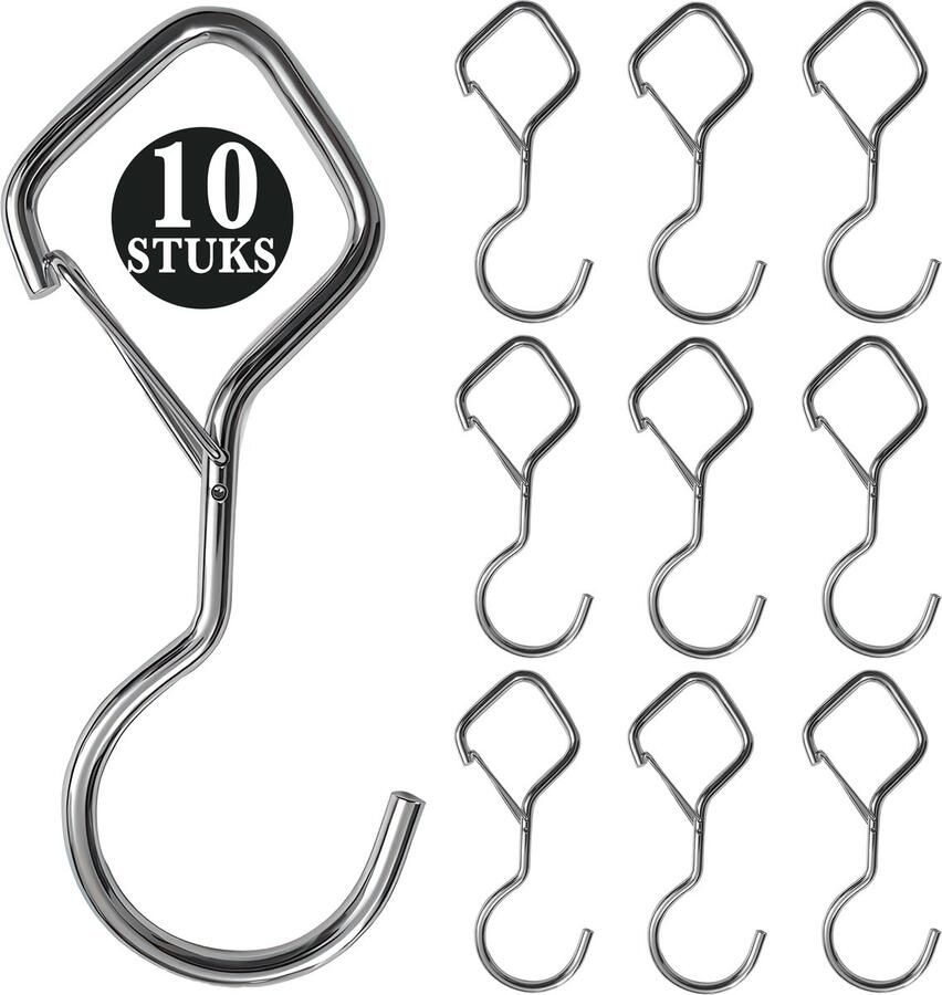 KeyAmor 10 Stuks Zilver Metaal S Haken met Veiligheidssluiting 10cm Lengte Ophanghaken Haakjes voor Keuken Badkamer & Tuin Kledinghangers Jashaak Hangers Handdoekhaakjes Keukengerei Organizer Haak Kapstok S-haken Vleeshaken Muurhaak