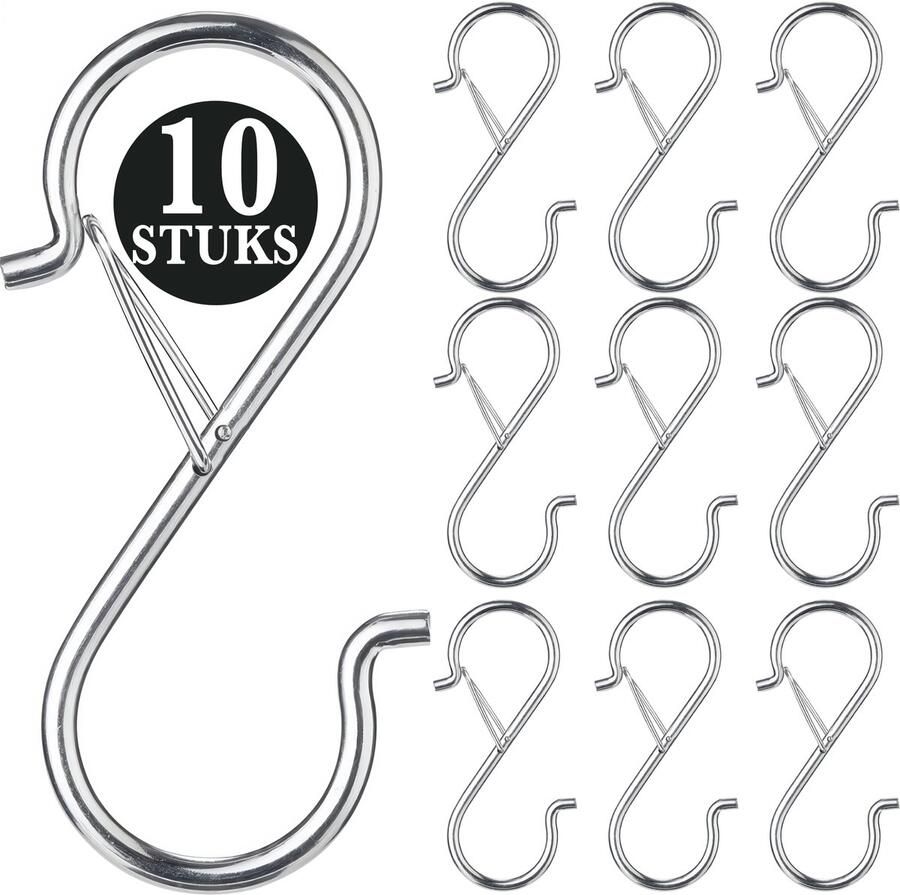 KeyAmor 10 Stuks Zilver Metaal S Haken met Veiligheidssluiting 10cm Lengte Ophanghaken Haakjes voor Keuken Badkamer & Tuin Kledinghangers Jashaak Hangers Handdoekhaakjes Keukengerei Organizer Haak Kapstok S-haken Vleeshaken Muurhaak