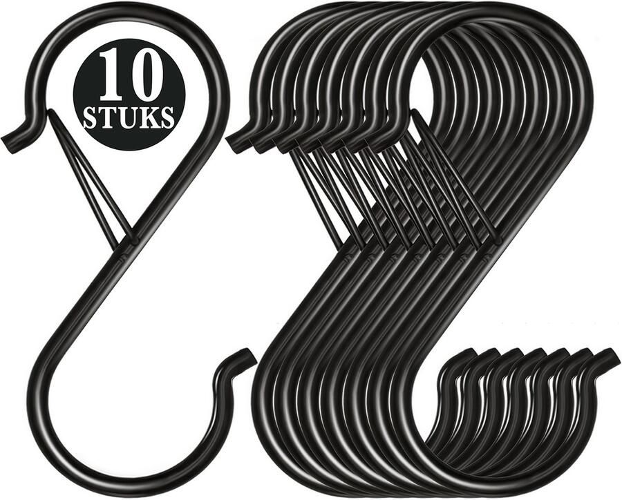 KeyAmor 10 Stuks Zwart Metaal S Haken met Veiligheidssluiting 10cm Lengte Ophanghaken Haakjes voor Keuken Badkamer & Tuin Kledinghangers Jashaak Hangers Handdoekhaakjes Keukengerei Organizer Haak Kapstok S-haken Vleeshaken Muurhaak