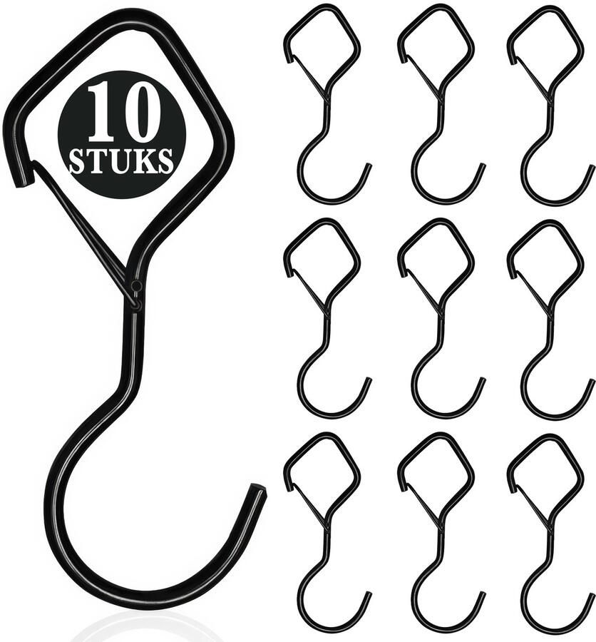 KeyAmor 10 Stuks Zwart Metaal S Haken met Veiligheidssluiting 10cm Lengte Ophanghaken Haakjes voor Keuken Badkamer & Tuin Kledinghangers Jashaak Hangers Handdoekhaakjes Keukengerei Organizer Haak Kapstok S-haken Vleeshaken Muurhaak