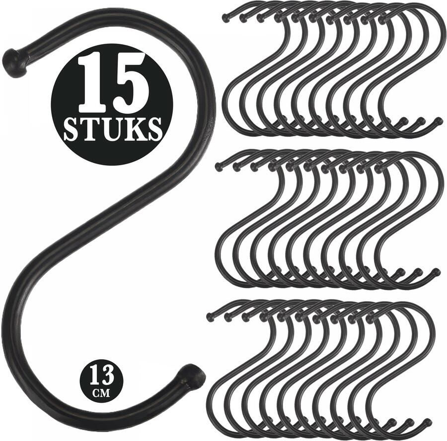 KeyAmor 15 Stuks Zwart Metaal S Vormige Haken 13cm Lengte Ophanghaken Haakjes voor Keuken Badkamer & Tuin Kledinghangers Jashaak Hangers Handdoekhaakjes Keukengerei Organizer Haak Kapstok S-haken Vleeshaken Muurhaak
