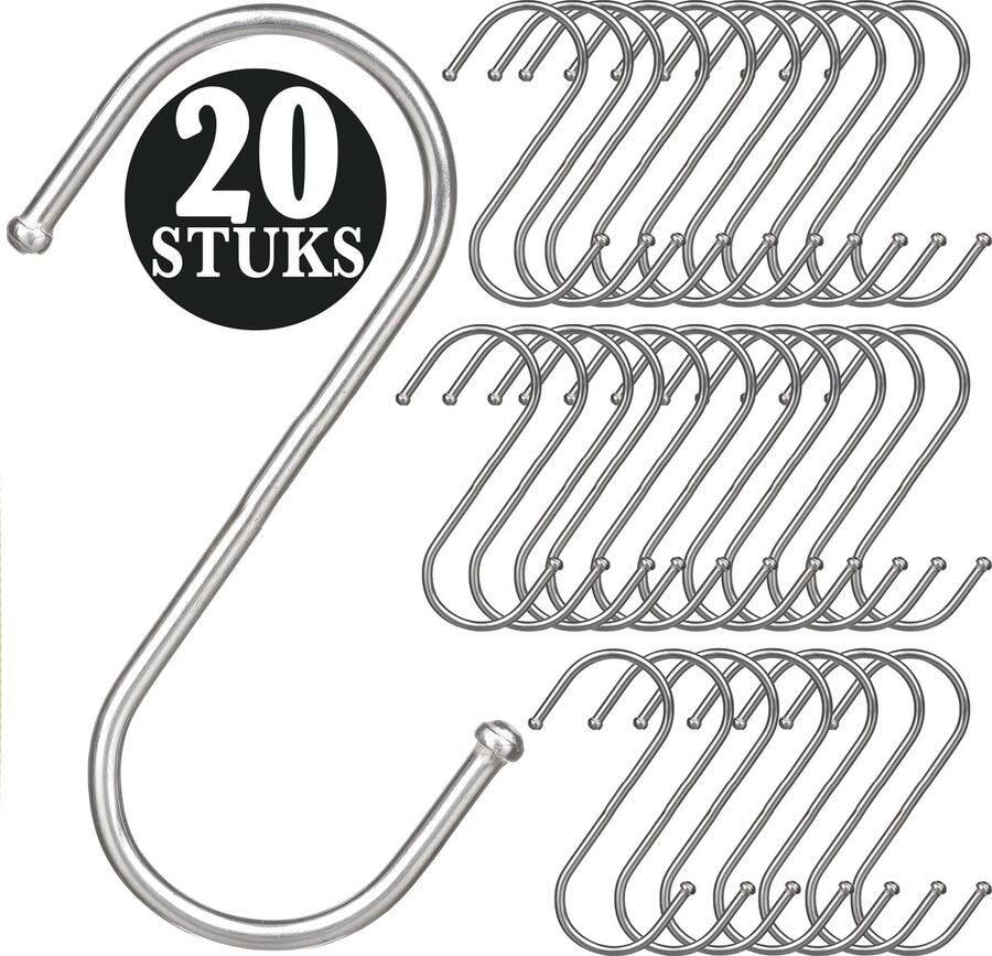 KeyAmor 20 Stuks Zilver Metaal S Vormige Haken 10cm Lengte Ophanghaken Haakjes voor Keuken Badkamer & Tuin Kledinghangers Jashaak Hangers Handdoekhaakjes Keukengerei Organizer Haak Kapstok S-haken Vleeshaken Muurhaak
