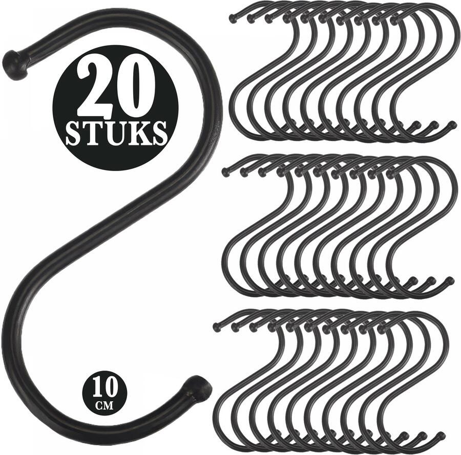 KeyAmor 20 Stuks Zwart Metaal S Vormige Haken 10cm Lengte Ophanghaken Haakjes voor Keuken Badkamer & Tuin Kledinghangers Jashaak Hangers Handdoekhaakjes Keukengerei Organizer Haak Kapstok S-haken Vleeshaken Muurhaak