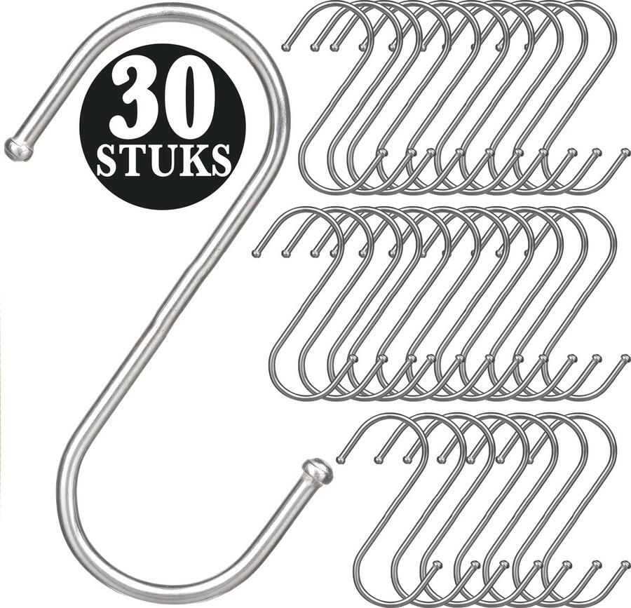 KeyAmor 30 Stuks Zilver Metaal S Vormige Haken 7cm Lengte Ophanghaken Haakjes voor Keuken Badkamer & Tuin Kledinghangers Jashaak Hangers Handdoekhaakjes Keukengerei Organizer Haak Kapstok S-haken Vleeshaken Muurhaak