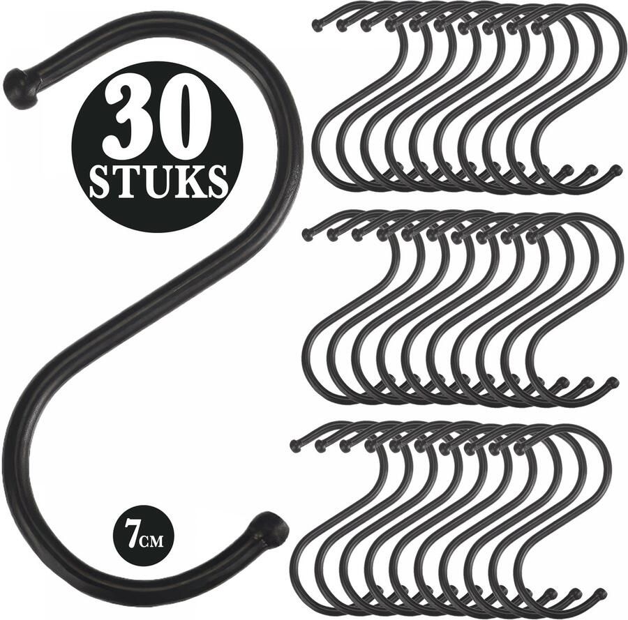KeyAmor 30 Stuks Zwart Metaal S Vormige Haken 7cm Lengte Ophanghaken Haakjes voor Keuken Badkamer & Tuin Kledinghangers Jashaak Hangers Handdoekhaakjes Keukengerei Organizer Haak Kapstok S-haken Vleeshaken Muurhaak
