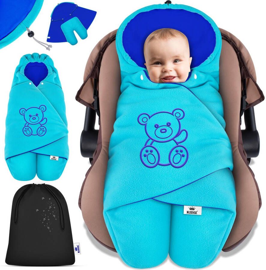 Kidiz Baby deken Universeel voor Babyschaal Winter met Kap +Zak Babydeken Autostoel bijv. voor Maxi-Cosi Römer voor Buggy Babybed Kinderwagen & alle Gordelsystemen 3 & 5-Puntsgordel Antraciet Turquoise