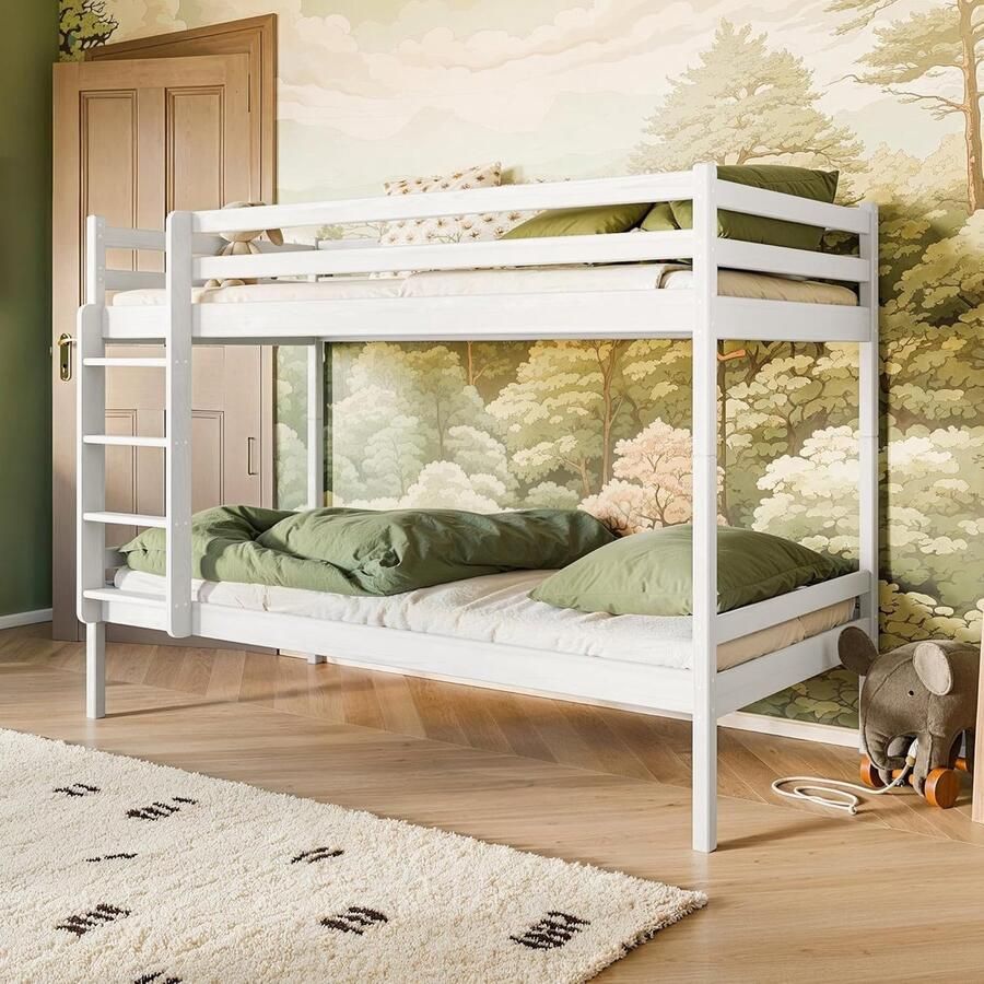 Kids Collective Hoogslaper 90x200 cm Kinderbed Stapelbed met matras valbeveiliging lattenbodem en ladder om te bouwen tot twee kinderbedden van massief hout in wit functioneel bed