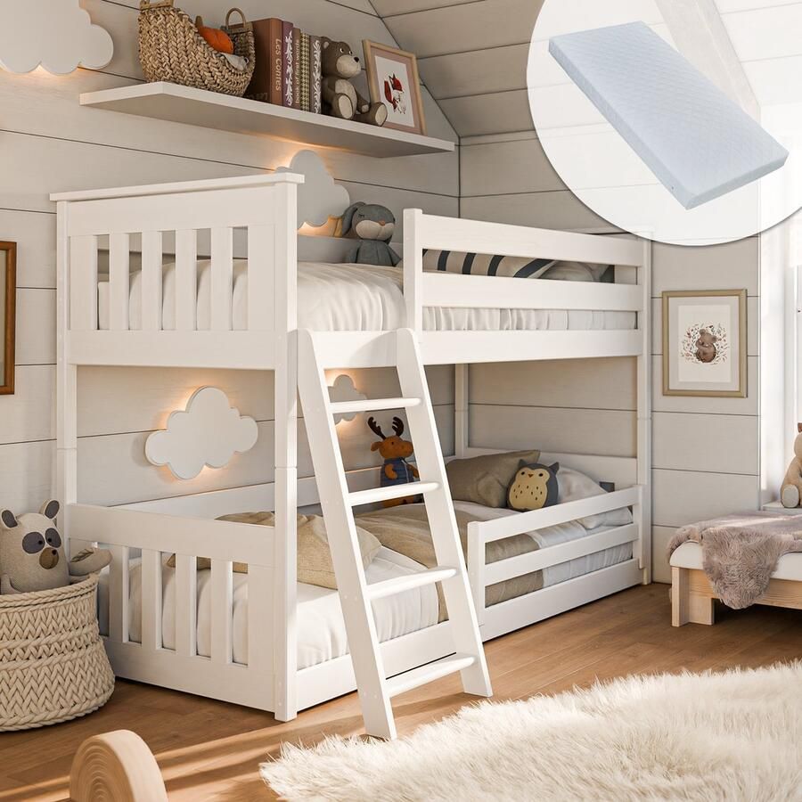 Kids Collective Hoogslaper 90x200 cm met twee matrassen uitvalbescherming & twee lattenbodems in wit meisjes jongens bed kinderbed jeugdbed 200x90 cm