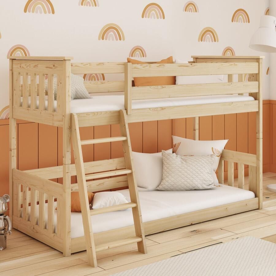 Kids Collective Hoogslaper 90x200 cm met twee matrassen uitvalbeveiliging & twee lattenbodems in naturel meisjes jongens bed kinderbed jeugdbed 200x90 cm