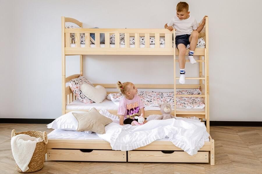 Kids Collective Hoogslaper 90x200 met uitschuifbed Stapelbed met uitschuiffunctie twee lades lattenbodem valbeveiliging en drie matrassen omvormbaar tot 3 eenpersoonsbedden massief hout in natuurlijke kleurstelling