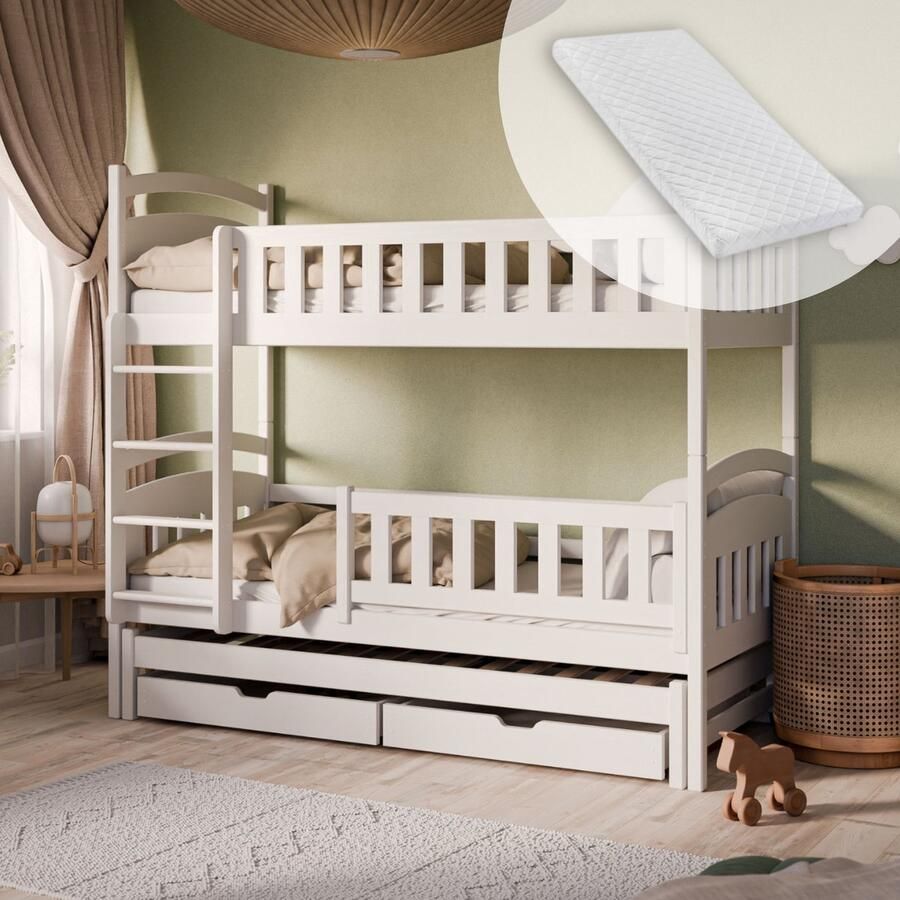 Kids Collective Hoogslaper 90x200 met uittrekbaar bed Stapelbed met uittrekfunctie twee laden lattenbodem uitvalbeveiliging en drie matrassen om te bouwen tot drie eenpersoonsbedden massief hout in wit
