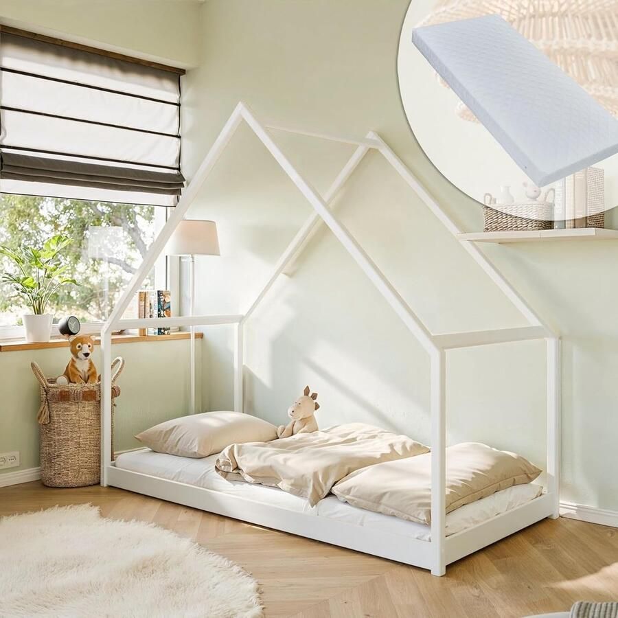Kids Collective Huisbed Kinderbed 90x200 cm Bed met matras & lattenbodem Bed Kinderbed Jeugdbed Eenpersoonsbed Speelbed Huisbed Hemelbed wit Massief grenenhout Jongen Meisje 200x90 cm