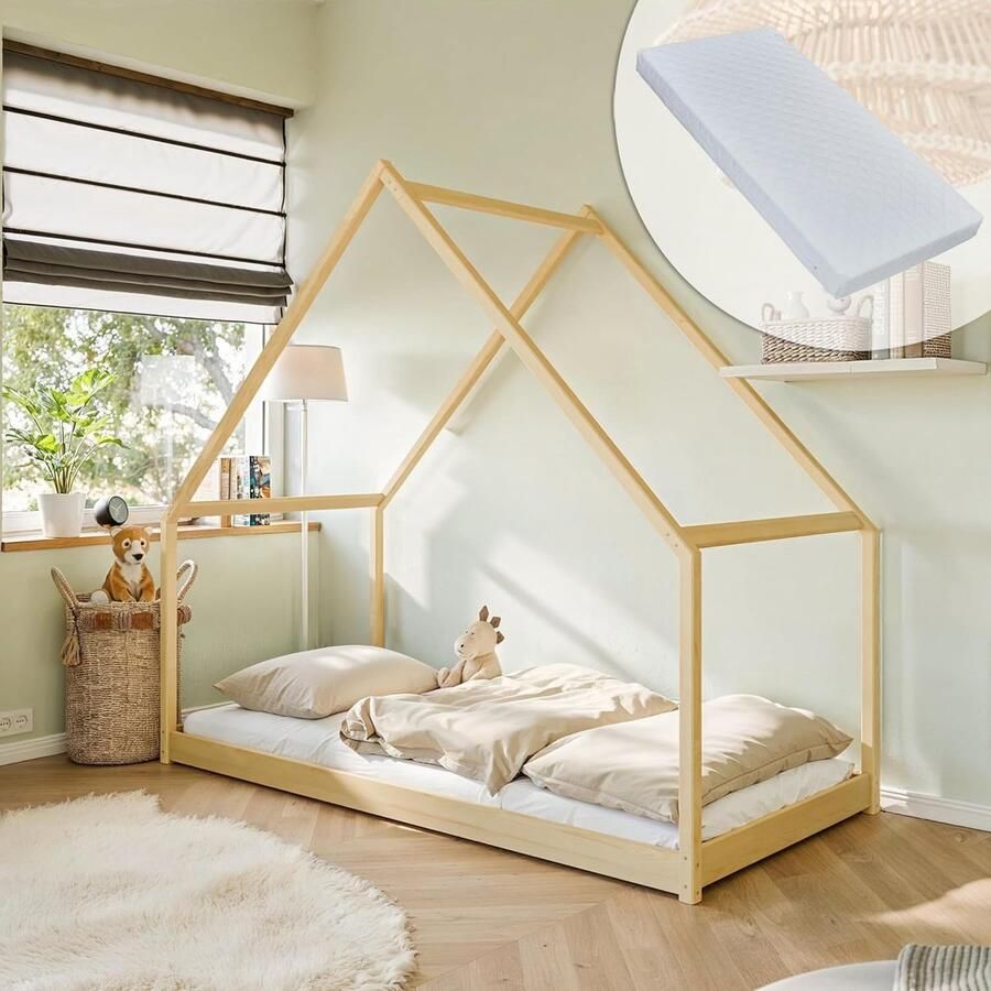 Kids Collective Huisbed Kinderbed 90x200 cm Bed met matras & lattenbodem Bed Kinderbed Jeugdbed Eenpersoonsbed Speelbed Huisbed Hemel naturel massief grenenhout Jongen Meisje 200x90 cm