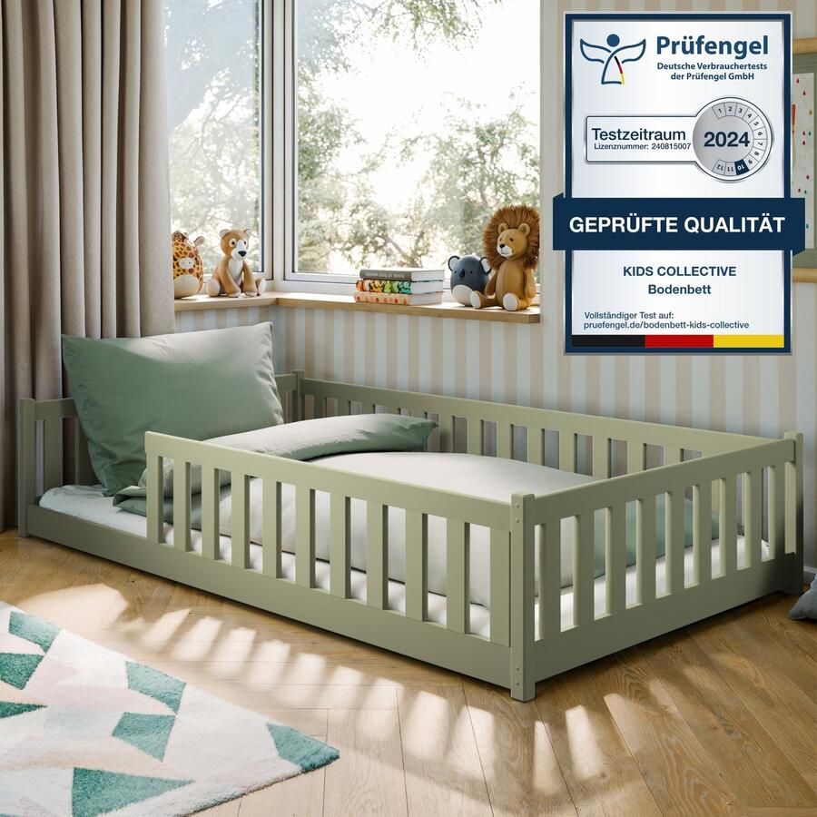 Kids Collective Kinderbed Bodembed 120x200 cm met valbeveiliging & lattenbodem Montessori bed Bedhek Kinderbed Jeugdbed Eenpersoonsbed optioneel met matras Olivegroen andere maten 80x160 90x200 140x200 cm